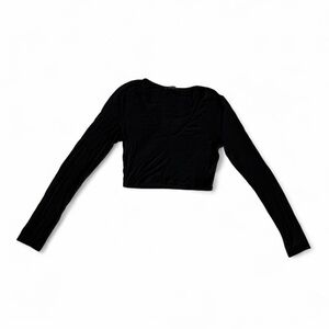 SHEIN Black V-Neck Long Sleeve Crop Top XS Smooth Jersey Basic Minimalist